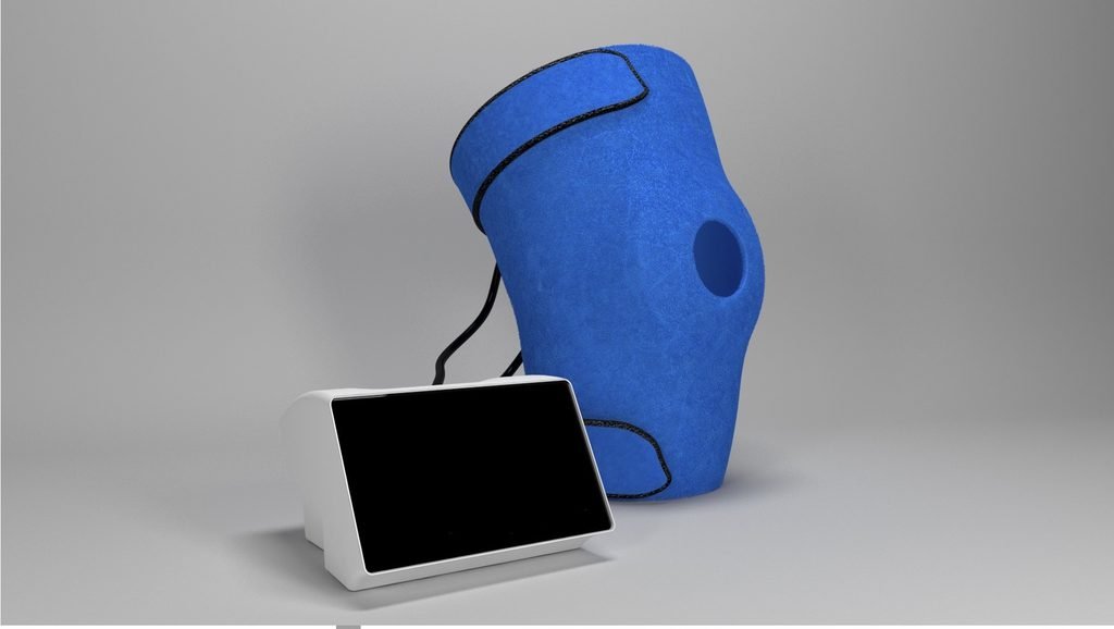 Studio image of the SwaKnee knee applicator beside a control module